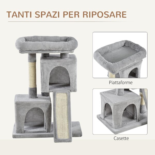 AllMyPets Tiragraffi per Gatti Albero Tiragraffi con Pali in Sisal Lettino e 2 Casette 59x39x83 cm colore Grigio - 86GY-D30