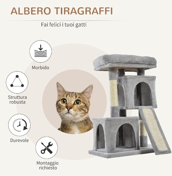 AllMyPets Tiragraffi per Gatti Albero Tiragraffi con Pali in Sisal Lettino e 2 Casette 59x39x83 cm colore Grigio - 86GY-D30