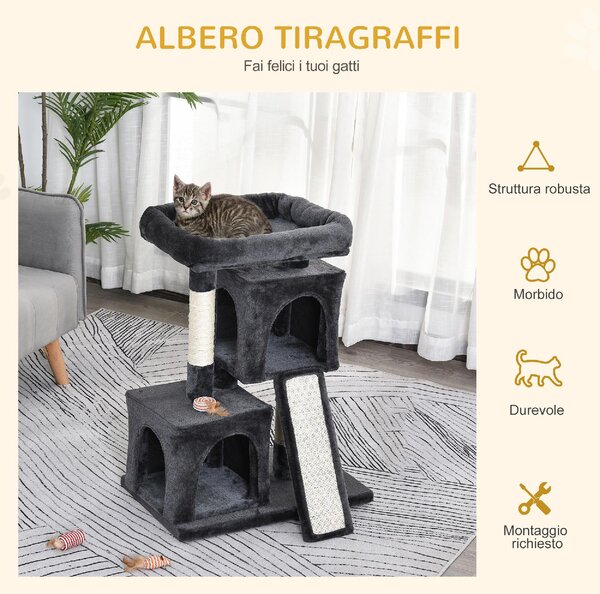 AllMyPets Tiragraffi per Gatti Albero Tiragraffi con Pali in Sisal Lettino e 2 Casette 59x39x83 cm colore Nero - 86CG-D30