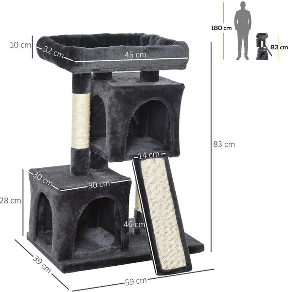 AllMyPets Tiragraffi per Gatti Albero Tiragraffi con Pali in Sisal Lettino e 2 Casette 59x39x83 cm colore Nero - 86CG-D30