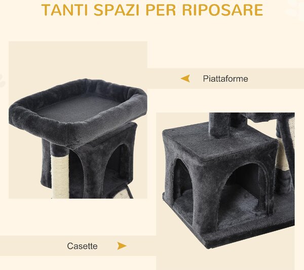 AllMyPets Tiragraffi per Gatti Albero Tiragraffi con Pali in Sisal Lettino e 2 Casette 59x39x83 cm colore Nero - 86CG-D30