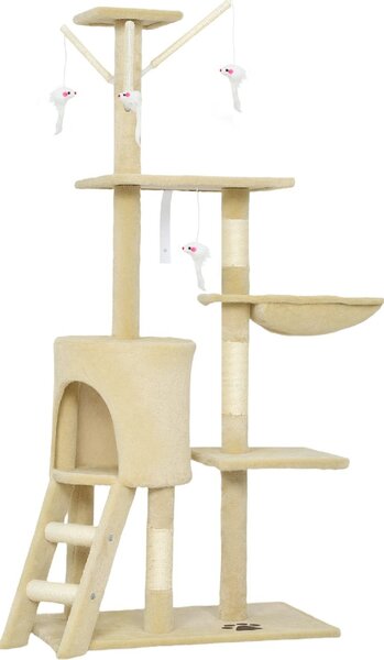AllMyPets Tiragraffi per Gatti con Casetta, Trespolo, Piattaforme e 4 Topolini Appesi 60x35x134 cm colore Beige