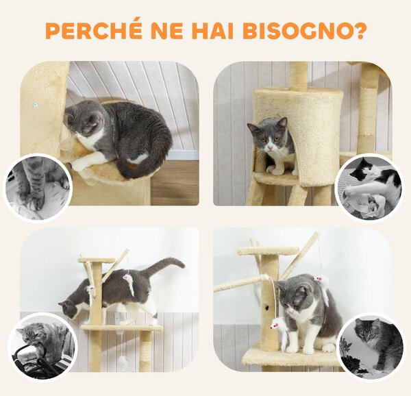 AllMyPets Tiragraffi per Gatti con Casetta, Trespolo, Piattaforme e 4 Topolini Appesi 60x35x134 cm colore Beige