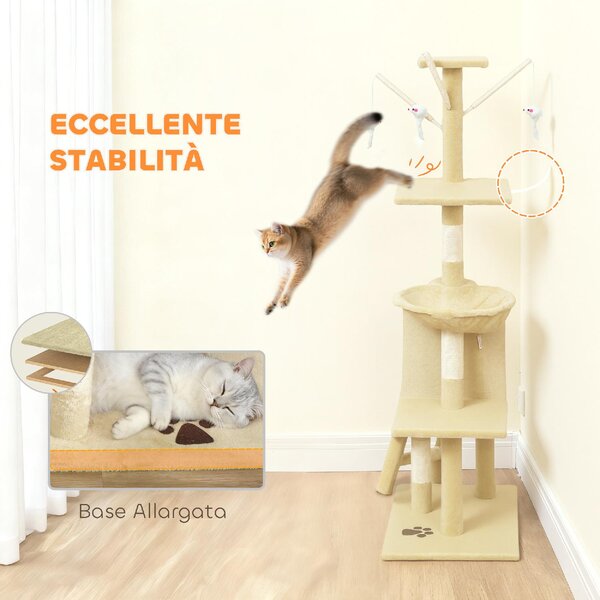 AllMyPets Tiragraffi per Gatti con Casetta, Trespolo, Piattaforme e 4 Topolini Appesi 60x35x134 cm colore Beige