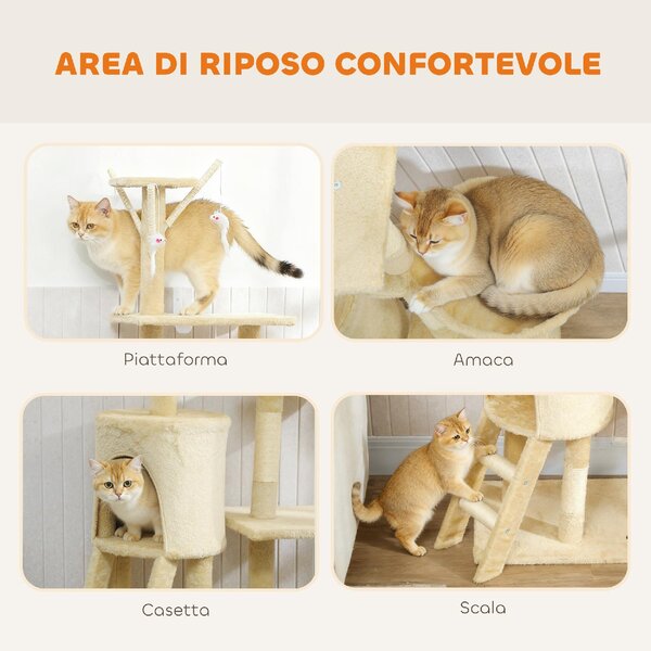 AllMyPets Tiragraffi per Gatti con Casetta, Trespolo, Piattaforme e 4 Topolini Appesi 60x35x134 cm colore Beige