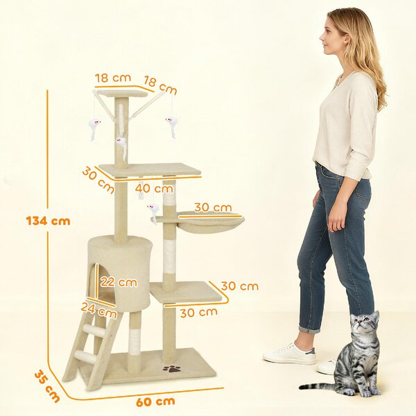 AllMyPets Tiragraffi per Gatti con Casetta, Trespolo, Piattaforme e 4 Topolini Appesi 60x35x134 cm colore Beige