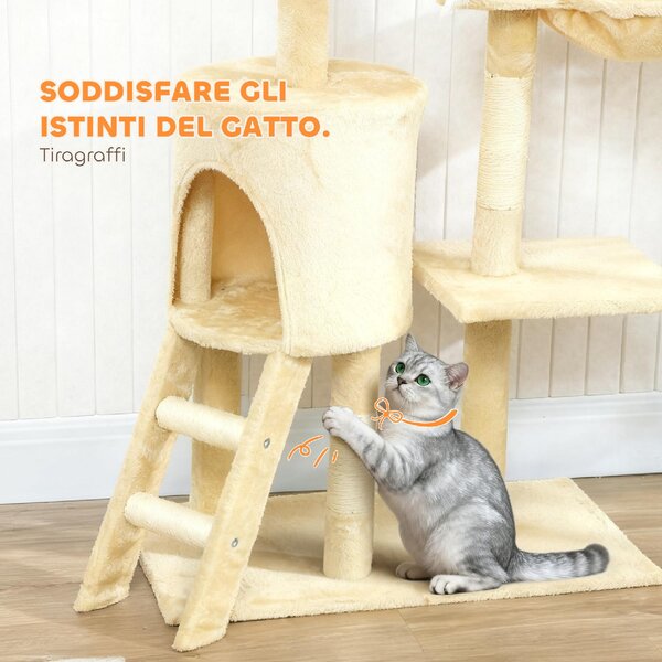 AllMyPets Tiragraffi per Gatti con Casetta, Trespolo, Piattaforme e 4 Topolini Appesi 60x35x134 cm colore Beige