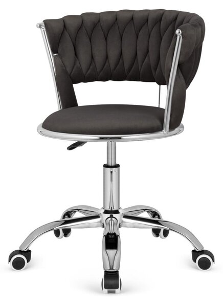 Sedia girevole in velluto nero - sedia da scrivania con schienale intrecciato, base cromata, design moderno per ufficio