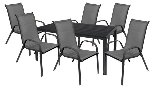 Set da giardino composto da 7 pezzi, comprendente: gruppo sedute, tavolo da pranzo (160x90 cm) e sedie impilabili