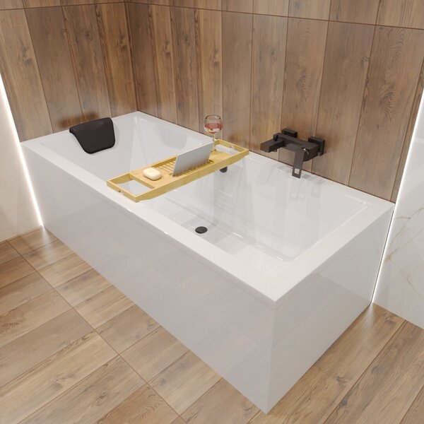 BADLAND vasca rettangolare Bagno Acrilico Bianco Esclusivo Moderno Quadro 165x75 + ripiano vasca Bamboo + scarico e piedini | BADLAND QUADRO