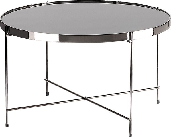 Tavolino BELIANI piano in vetro temperato nero gambe in metallo argentato rotondo glam lucido