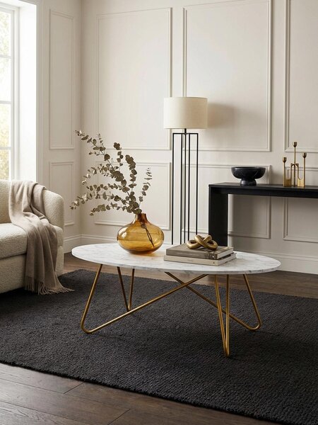 Tavolino da salotto 120x40x60 cm con effetto marmo bianco, tavolino da salotto con struttura in metallo, tavolino da divano ovale, tavolino da salotto, tavolino da salotto