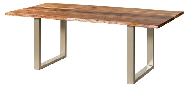 MASSIVMOEBEL24 | Tavolo da pranzo in legno di acacia e resina epossidica nera 160x90x76 laccato natur / gambe a U argento matt EPOXY