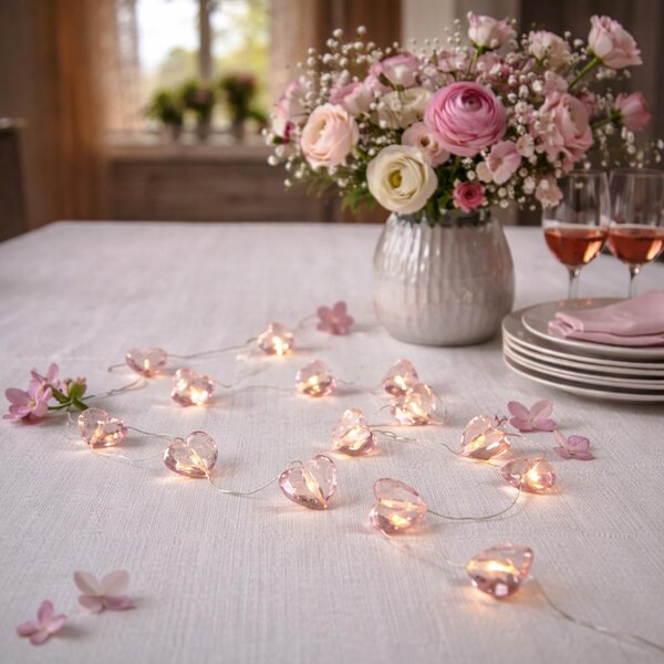 Catena luminosa a LED con cuori - 12 cuori rosa - Lunghezza: 1,65 m - Alimentazione a batteria - Timer integrato
