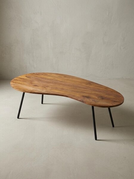 Tavolino di design WL5.617 122x36x63 cm in legno di sheesham con gambe in metallo nero, tavolino a forma di rene in legno massello, tavolino in legno con gambe in metallo, tavolino moderno in legno massello, tavolino piatto moderno