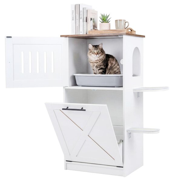 KOMFOTTEU, mobile per gatti da 115 cm, armadio per gatti con lettiera nascosta, tappetino in sisal per graffiare e piattaforme per saltare, scomparto pieghevole con porta, mobili per gatti per la casa, colore bianco, dimensioni 84 x 45 x 115 cm