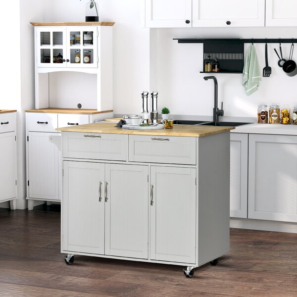 HOMCOM Carrello da Cucina Multiuso in Legno con 2 Cassetti, 3 Antine e 4 Ruote 121x46x91cm, Grigio|Aosom