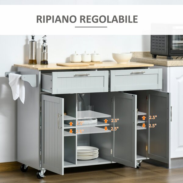 HOMCOM Carrello da Cucina Multiuso in Legno con 2 Cassetti, 3 Antine e 4 Ruote 121x46x91cm, Grigio|Aosom