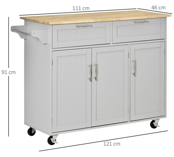 HOMCOM Carrello da Cucina Multiuso in Legno con 2 Cassetti, 3 Antine e 4 Ruote 121x46x91cm, Grigio|Aosom