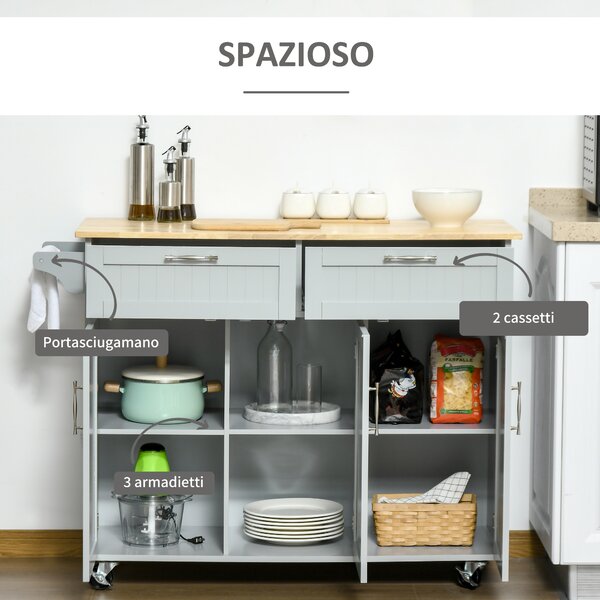 HOMCOM Carrello da Cucina Multiuso in Legno con 2 Cassetti, 3 Antine e 4 Ruote 121x46x91cm, Grigio|Aosom