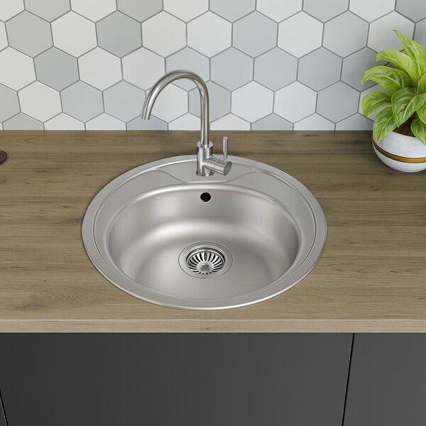 [Lavello in acciaio inox Ø 51 cm + rubinetto] Lavello da cucina di alta qualità, montabile su entrambi i lati Lavello rotondo da incasso in acciaio inox Lavello in acciaio inox per basi da 45 cm incl. set di sifoni