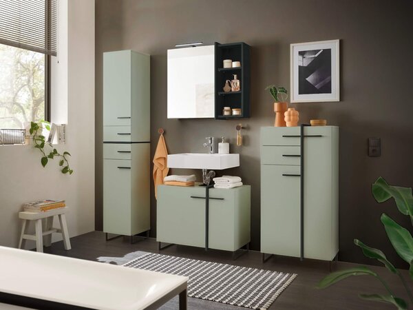 Mobili da bagno MESSINA corpo verde canna, mobile alto, mobile specchio, lavagna, Wbu, set 1