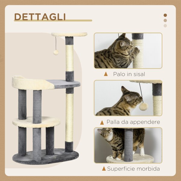 PawHut Albero Tiragraffi per Gatti a 3 Livelli con Pali in Sisal e Altezza 105cm, Grigio|Aosom