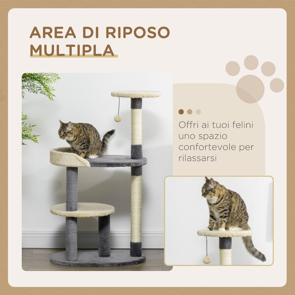 PawHut Albero Tiragraffi per Gatti a 3 Livelli con Pali in Sisal e Altezza 105cm, Grigio|Aosom