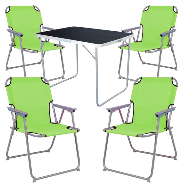 Set da campeggio composto da: tavolo da campeggio + 4 sedie pieghevoli da campeggio, colore verde lime