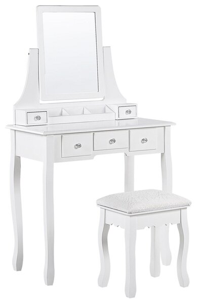 Comodino con 5 cassetti, specchio rettangolare e sgabello bianco RAYON