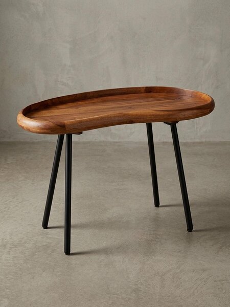 Tavolino WL5.670 71x42x40 cm Tavolino in legno massello di sheesham a forma di rene con gambe in metallo, tavolino da salotto in legno massello, tavolino piccolo in vero legno, tavolino da salotto in legno, tavolino moderno
