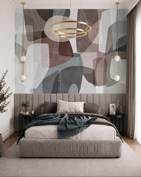 Carta da parati Forme astratte in tenui tonalità terra, con sottili linee bianche e trame sovrapposte, Carta da parati lastrazione, w09942 : Uwalls.it