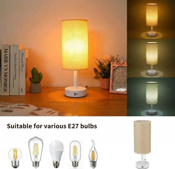 Brilagi - Lampada da tavolo con porta USB TABLON 1xE27/25W/230V bianco/beige