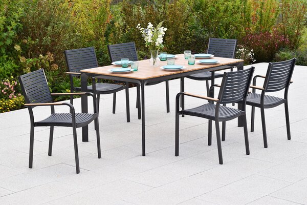 Set di mobili da giardino Merxx Paliano, 7 pezzi, 6 sedie impilabili, tavolo 156 x 90 cm - acciaio/plastica