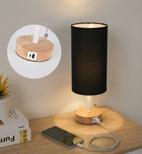 Brilagi - Lampada da tavolo con porta USB TABLON 1xE27/25W/230V rovere/bianco/nero