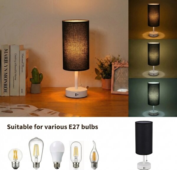 Brilagi - Lampada da tavolo con porta USB TABLON 1xE27/25W/230V bianco/nero