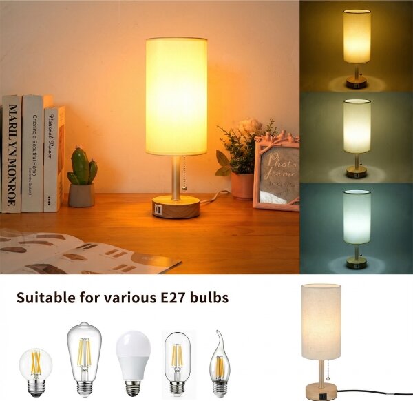 Brilagi - Lampada da tavolo con porta USB TABLON 1xE27/25W/230V rovere/beige/crema