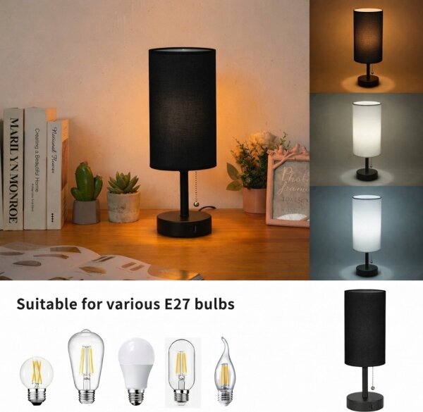 Brilagi - Lampada da tavolo con porta USB TABLON 1xE27/25W/230V nera