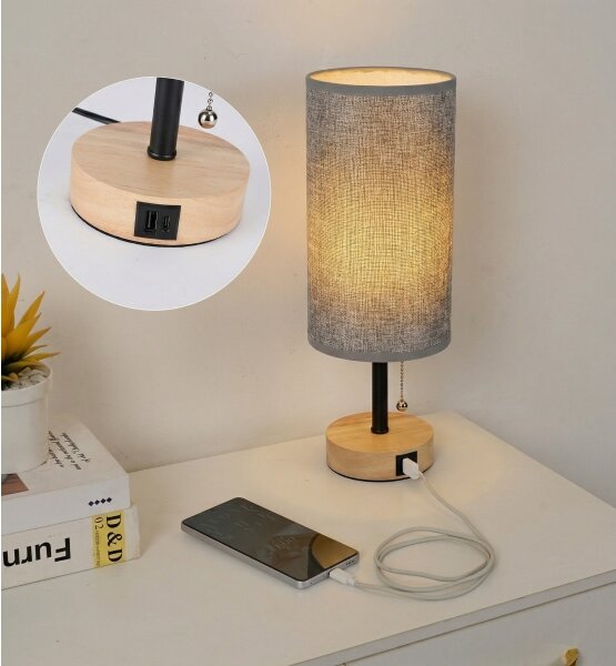 Brilagi - Lampada da tavolo con porta USB TABLON 1xE27/25W/230V rovere/nero/grigio
