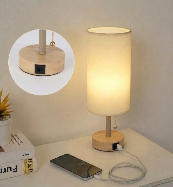 Brilagi - Lampada da tavolo con porta USB TABLON 1xE27/25W/230V rovere/beige/crema