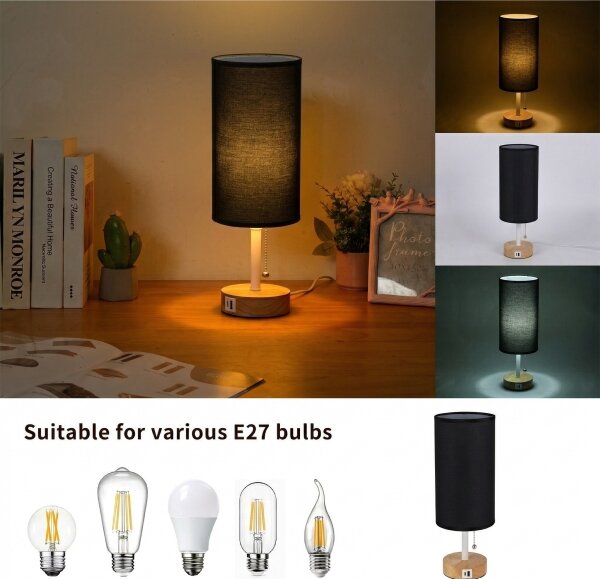 Brilagi - Lampada da tavolo con porta USB TABLON 1xE27/25W/230V rovere/bianco/nero
