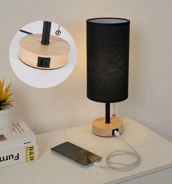 Brilagi - Lampada da tavolo con porta USB TABLON 1xE27/25W/230V rovere/nero