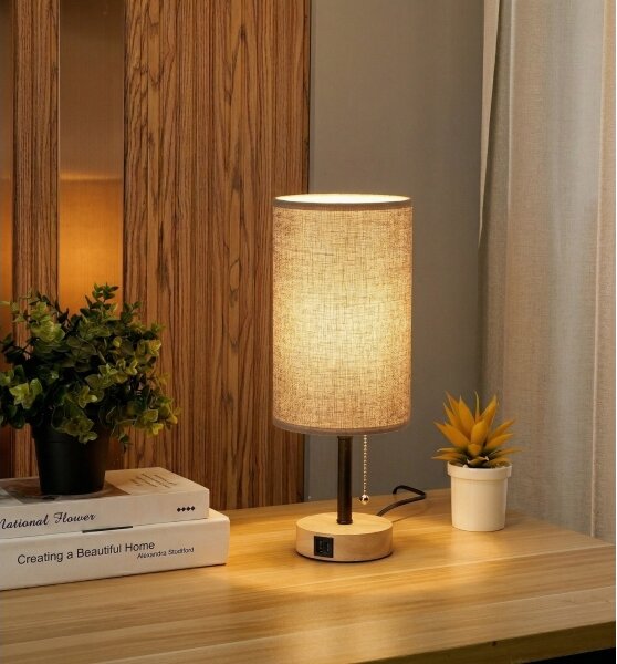 Brilagi - Lampada da tavolo con porta USB TABLON 1xE27/25W/230V rovere/nero/grigio