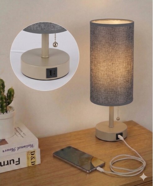 Brilagi - Lampada da tavolo con porta USB TABLON 1xE27/25W/230V beige/grigio