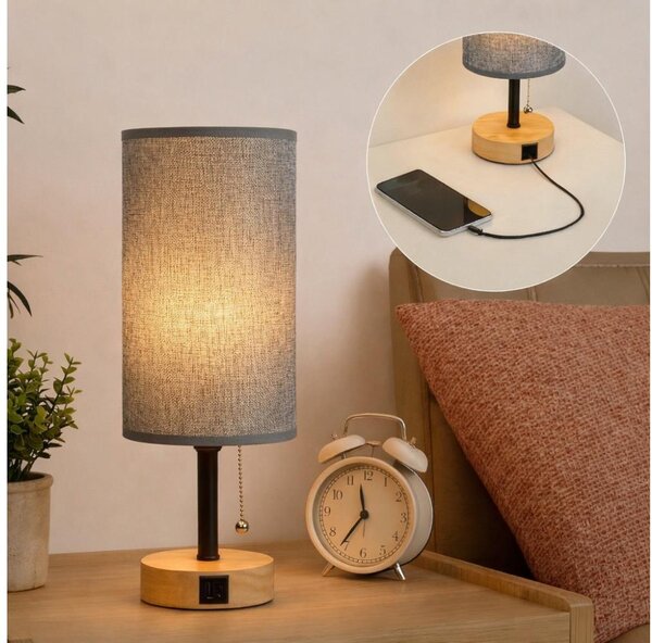 Brilagi - Lampada da tavolo con porta USB TABLON 1xE27/25W/230V rovere/nero/grigio
