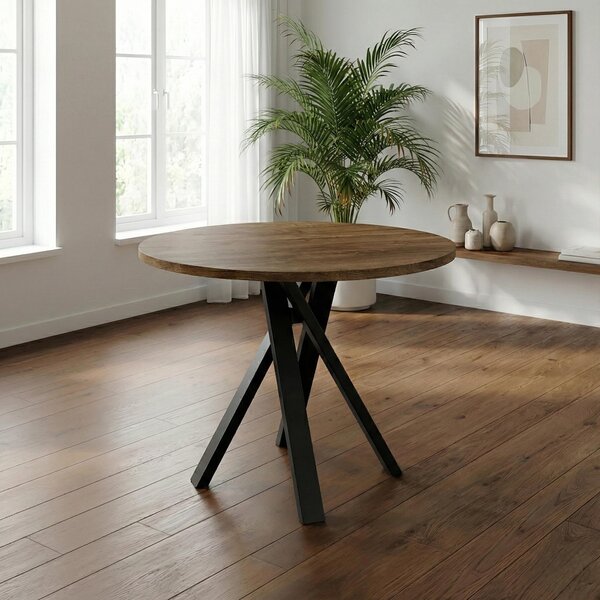 Tavolo da pranzo rotondo, 90 cm, piano laminato, 1,8 cm, struttura in metallo nero a forma di X, tavolo da cucina, altezza 76 cm