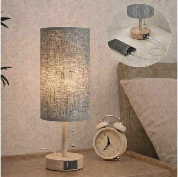 Brilagi - Lampada da tavolo TABLON con porta USB 1xE27/25W/230V rovere/beige/grigio
