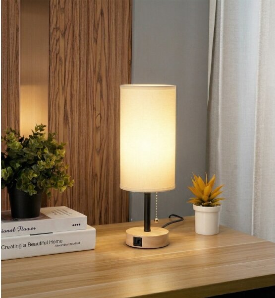 Brilagi - Lampada da tavolo con porta USB TABLON 1xE27/25W/230V rovere/nero/bianco