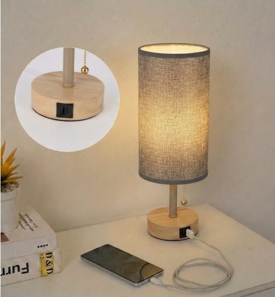 Brilagi - Lampada da tavolo TABLON con porta USB 1xE27/25W/230V rovere/beige/grigio