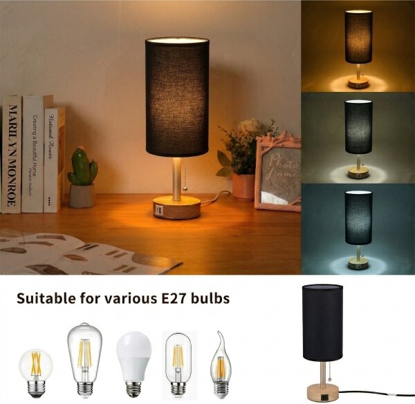 Brilagi - Lampada da tavolo con porta USB TABLON 1xE27/25W/230V rovere/beige/nero